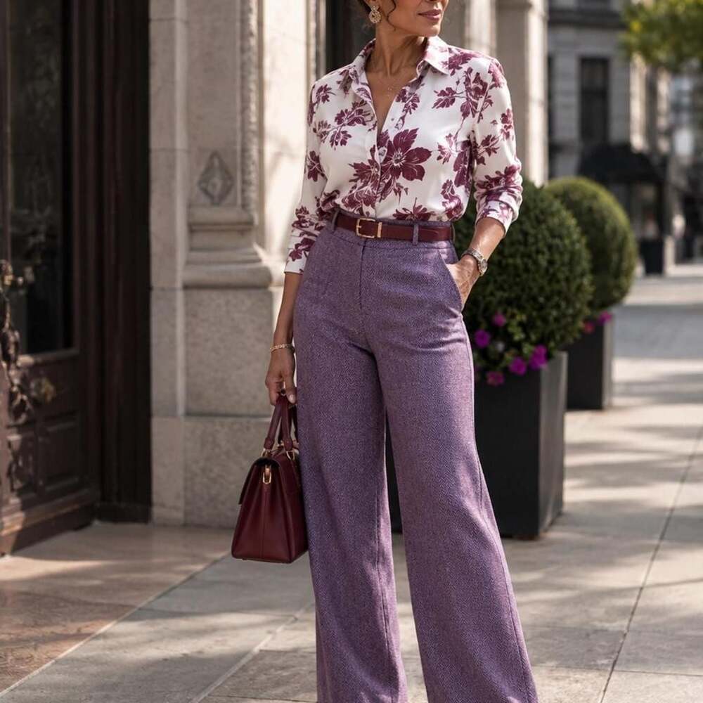 Chaiken Profile Burgundy and White Herringbone Tweed Wide-Leg Trousers